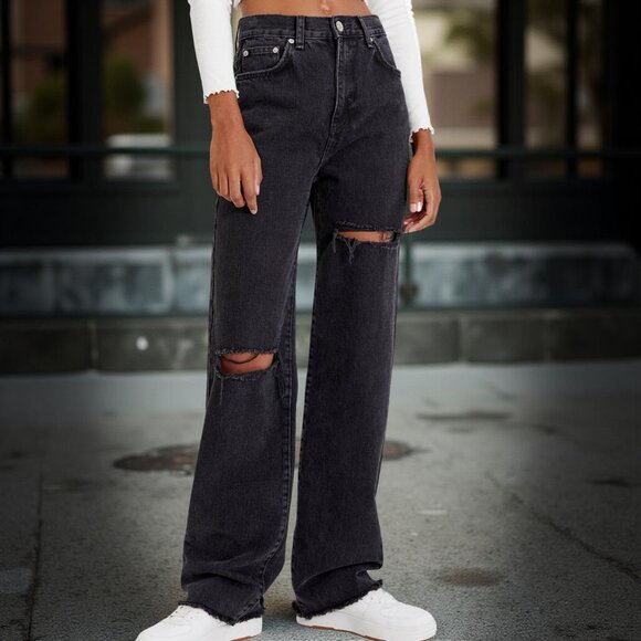 Zara Straight Wide Leg High Rise Distressed Raw Hem Jeans, 27/33 - Picture 2 of 16